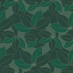 seamless pattern with leaves in gold on dark green background, abstract natural leaf design, abstract graphic ornament, ideal for fashion, textiles and paper design, summer spring print
