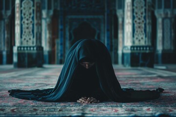 Mysterious woman in dark hijab praying in ornate mosque interior, deep blues and intricate designs, cultural themes.