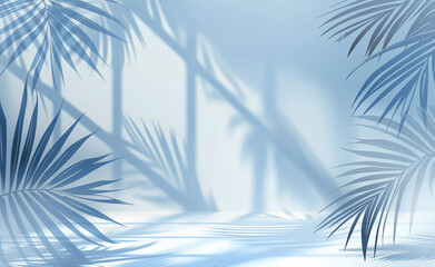 Palm leaves casting gentle shadows on a smooth blue background, suggesting a tranquil and serene environment with a calming visual effect.
