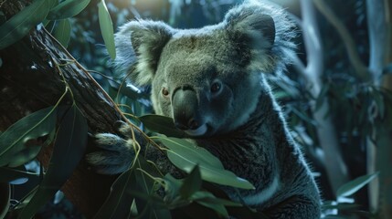 Koala sitting on a branch at night