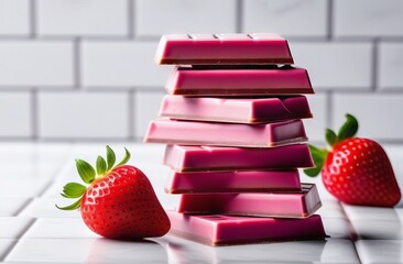 Stack of strawberry chocolate on white tile background - 793957063