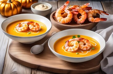 Pumpkin puree soup with shrimps in bowls on wooden background - 793957244