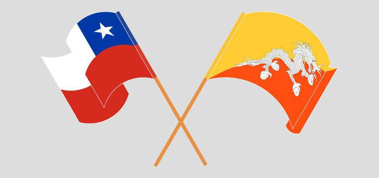 Crossed and waving flags of Chile and Bhutan