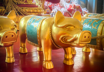 Golden pig statue is a beautiful Thai and Chinese architecture of Nachas sa thai chute shrine, naja shrine, najasaataichue, nezha shrine chinese temple. good luck Chinese New Year celebrations. - obrazy, fototapety, plakaty