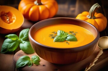 Pumpkin soup puree with basil in bowl on wooden background - 793957465