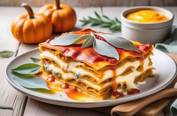 Vegetable lasagna with pumpkin, cheese and sage on plate - 793957804