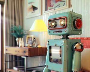 1950s style robot with touch screen interface helping in a modern home, juxtaposing past and future technology