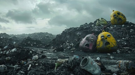 3D realistic visualization of a landfill, trash items with tearful faces, under a gloomy sky