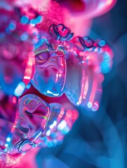 Abstract image of neon pink and blue lights reflecting on clear braces, merging orthodontics with modern art - obrazy, fototapety, plakaty