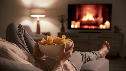 Fototapeta na wymiar comfortably lounging, holding a large bowl filled with golden potato chips, ready for a casual snack. The dimly-lit room exudes warmth and relaxation, with a television displaying