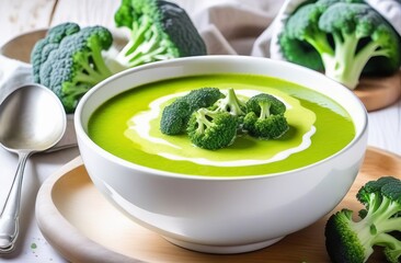 Broccoli soup puree in white bowl on light background - 793958030