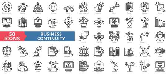 Business continuity icon collection set. Containing capability, organization, delivery, product management, acceptable, following, planning icon. Simple line vector.