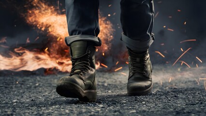 a person's legs, with worn and sturdy boots adorned with metal accents, supporting their worn-out jeans. The individual walks determinedly on a rough, chaotic terrain, with fiery sparks