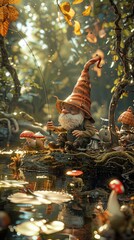 A 3D gnome fisherman sits by a crystal clear pond, his line dangling in the water, surrounded by enchanted forest creatures - obrazy, fototapety, plakaty