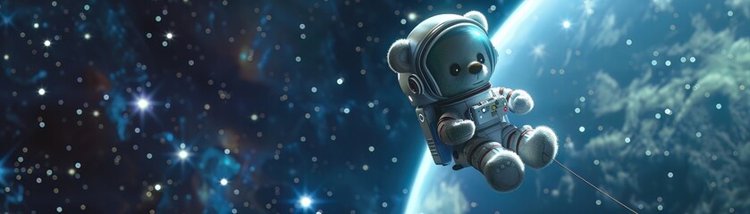 A 3D teddy bear astronaut floats in space, tethered to a spacecraft, gazing at the stars with wide, wonder filled eyes - obrazy, fototapety, plakaty