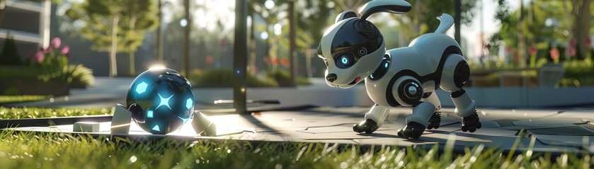 A 3D robot puppy with wagging tail and blinking lights, playfully chasing a digital ball around a futuristic park - obrazy, fototapety, plakaty