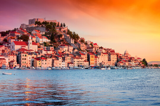 Sunset in old town of Sibenik, Croatia