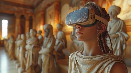 3D students in a virtual reality history lesson, ancient civilization scene, room for VR educational content