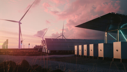 Advanced battery energy storage system with wind turbines and solar panels, modern green power grid