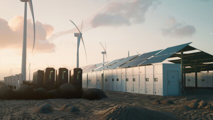 Advanced battery energy storage system with wind turbines and solar panels, modern green power grid
