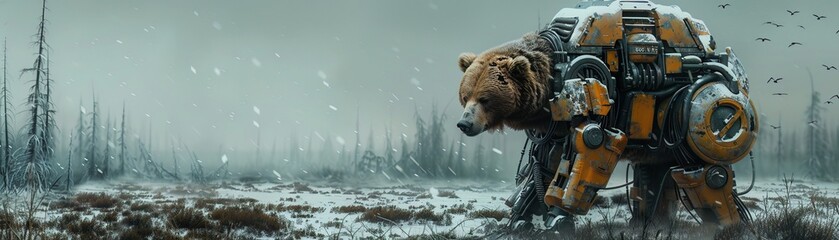 A bear with an exoskeletal suit foraging in a nuclear winter forest, with remnants of civilization peeking through