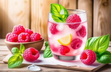 Lemonade with raspberries and basil in glass on wooden background