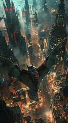 A bat with stealth technology wings navigating through a dark, cyberpunk city, avoiding searchlights