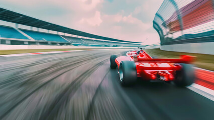 Bright red racing car on race track, motorsport sports background, fast speed motion blur, rear view