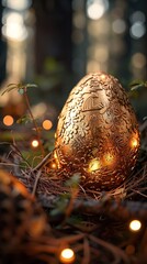 Golden egg in a nest of global currencies, with screens showing fluctuating financial markets - obrazy, fototapety, plakaty