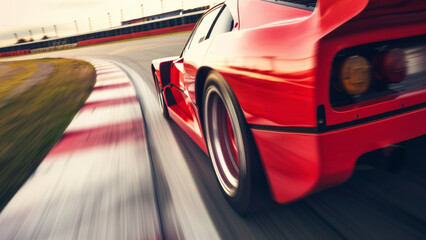 Bright red racing car on race track, motorsport sports background, fast speed motion blur, rear view