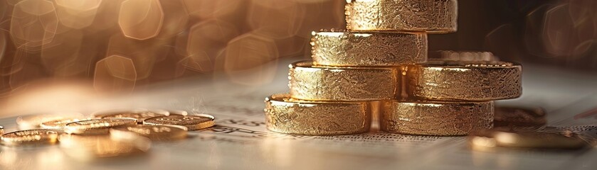 Golden bars forming an upward staircase on a financial newspaper, metaphor for escalating market value - obrazy, fototapety, plakaty
