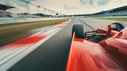 Bright red racing car on race track, motorsport sports background, fast speed motion blur, rear view