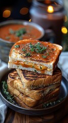 Over the Shoulder , American , Emotion Classic , Scene Grilled cheese sandwich with tomato soup , Framing , Lighting Cozy Diner Light , Lunch , Diner