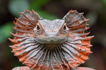 Fototapeta premium Frilled Lizard: Standing on hind legs with frill extended, illustrating defensive behavior.