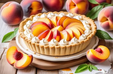 Shortbread pie with peaches and whipped cream - 793959080