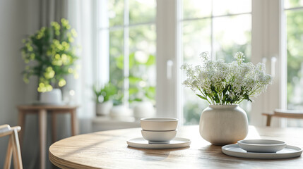 An elegant dining table with a ceramic vase filled with white flowers, softly lit by sunlight streaming through large windows. In the background, there are potted plants