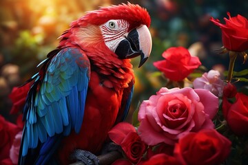 Naklejka premium Vivid image of a colorful parrot gently holding a rose in its beak, symbolizing the delivery of love, set against a lush tropical background