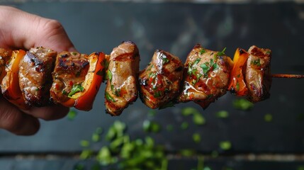 Close-up of a hand presenting shashlik, succulent grilled meat with vibrant spices on a skewer, clean isolated backdrop, studio lighting