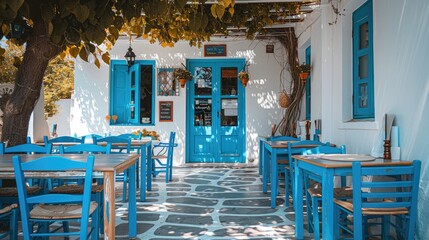 Quaint Greek cafe with blue chairs and white walls, inviting atmosphere on a sunny day in Greece