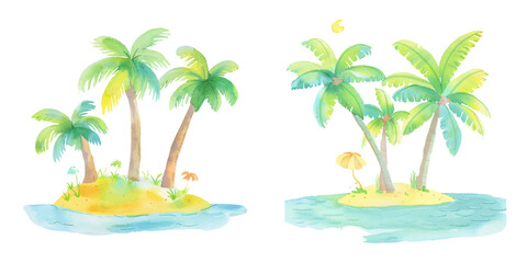 Fototapeta na wymiar cute palm trees on island watercolor vector illustration