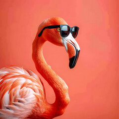 Funny Flamingo with Trendy Sunglasses concept background with copy space for text - obrazy, fototapety, plakaty