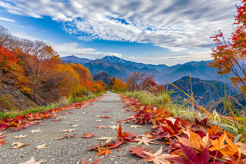 Exquisite Serenity and Vibrant Colors of Autumn with This Diagonal View of a Path Covered in Colorful Fallen Leaves Against Mountainous Backdrop