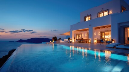 Luxurious poolside villa at sunset on Santorini island in Greece