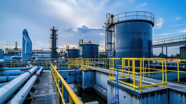 Modern wastewater treatment plant of chemical factory. Water purification tanks