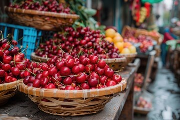 Fototapeta na wymiar Basket of cherries at an outdoor market