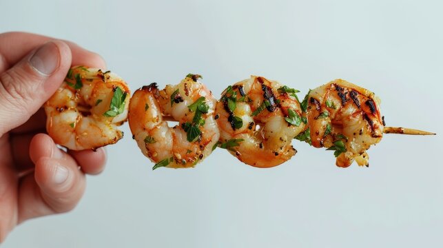 Detailed image of a hand presenting a perfectly grilled shrimp skewer, isolated on a clean background, ideal for food marketing, studio lighting