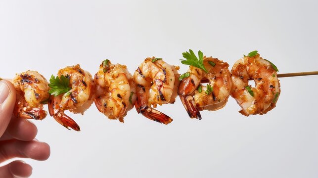 Detailed image of a hand presenting a perfectly grilled shrimp skewer, isolated on a clean background, ideal for food marketing, studio lighting