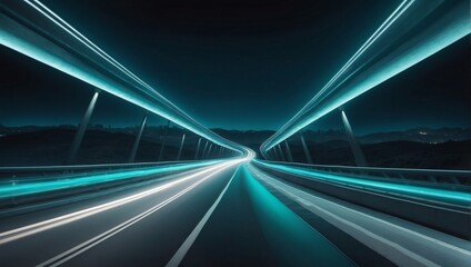 Swift Travel on Night Expressway. Turquoise Light and Stripes Racing Speedily over Dark Background.