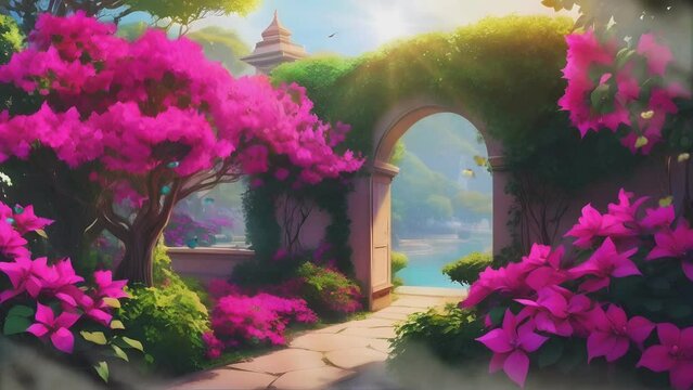 gate to the yard with blooming bougainvillea flowers