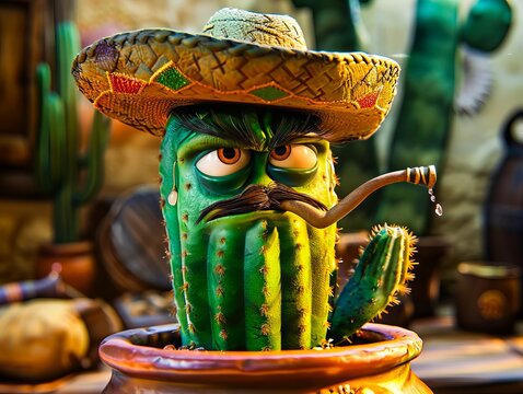 A cartoon character in a cactus pot with a mexican hat.